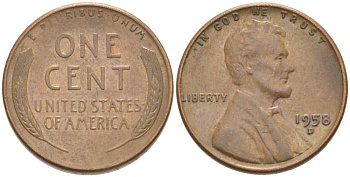 США 1 ЦЕНТ 1958 D, ЛИНКОЛЬН KM А132 медь цинк 3309-1228
