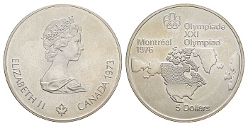 Канада 5 долларов 1973 XXI летние Олимпийские Игры, Монреаль 1976 - Карта Канады KM 85 серебро BU 413-4444