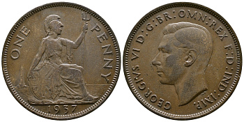 Великобритания 1 пенни 1937 Георг VI (1936-1952) KM 845, Spink 4114 бронза 73-924