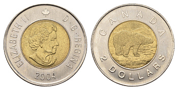 Канада 2 доллара 2004 Елизавета II (1952-2022), полярный медведь KM 496 биметалл aUNC 106-1115