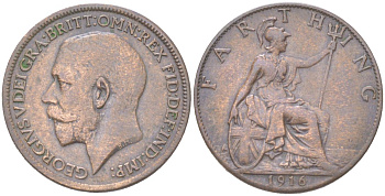 Великобритания 1 фартинг 1916 Георг V (1910-1936) KM 808.1, Spink 4059 бронза 4613-451
