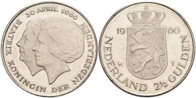 Нидерланды 2 1/2 гульдена 1980 коронация Беатрикс, 30 апреля 1980 KM 201 никель 189-435