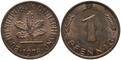 ФРГ 1 пфенниг 1978 J KM 105, J.380 сталь плакированная медью 99-342