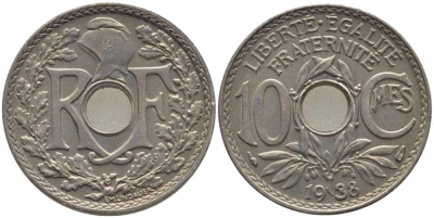 ФРАНЦИЯ 10 САНТИМОВ 1938 ТИП ЛИНДАЙЁ KM 866а, LE FRANC 138.25 медно-никель 108-235
