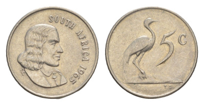 ЮАР 5 центов 1965 Ян ван Рибек (1619-1677), Suid Africa, легенда на африкаанс, райский журавль KM 67.1 медно-никель 4649-549