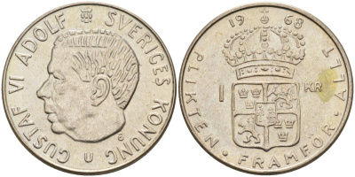 Швеция 1 крона 1968 U, Густав VI Адольф (1950-1973) KM 826 серебро UNC 4582-436