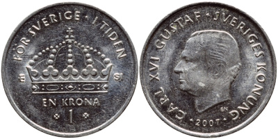 Швеция 1 крона 2007 Карл XVI Густав (1973- ) KM 894 медно-никель 176-337