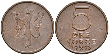 Норвегия 5 эре 1973 Улаф V (1958-1991) ​KM 415 бронза    4596-253