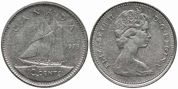 Канада 10 центов 1975 Елизавета II (1952-2022), парусник KM 77.1 никель 112-434