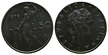 ИТАЛИЯ 50 ЛИР 1976 R, КУЗНЕЦ KM 95.1 нержавеющая сталь 4384-1121