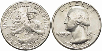 США 25 центов = квотер 1976 D, 200 лет независимости (1776-1976), Вашингтон, барабанщик KM 204 медь плакированная медно-никелем 65-731
