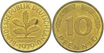 ФРГ 10 ПФЕННИГОВ 1979 D KM 108, J. 383 сталь плакированная латунью 219-524