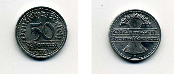 ГЕРМАНИЯ 50 ПФЕННИГОВ 1921 F KM 27, J. 301 алюминий 35-1227