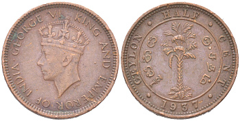 Цейлон 1/2 цента 1937 KM 110 медь 4621-911