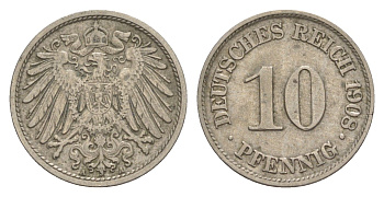 Германия 10 пфеннигов 1908 A, Вильгельм II (1888-1918) KM 12, J. 13 медно-никель 4644-1166