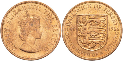 Джерси 1/12 шиллинга 1966 900 лет Нормандскому завоеванию KM 26 бронза UNC 4542-715