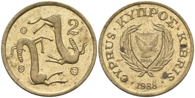 Кипр 2 цента 1988 KM 54.2 никель латунь 4174-1247