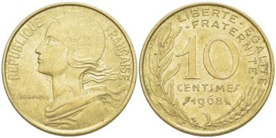 ФРАНЦИЯ 10 САНТИМОВ 1968 ТИП MARIANNE KM 929, LE FRANC 144.8 алюминиевая бронза 4516-841