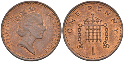 Великобритания 1 пенни 1985 Елизавета II (1952-2022) KM 935, Spink 4381 (B3) бронза 4115-717