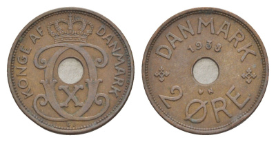 Дания 2 эре 1938 N, Кристиан X (1912-1947) KM 827 бронза 4639-761