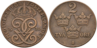 Швеция 2 эре 1930 Густав V (1907-1950) KM 778 бронза 4147-544