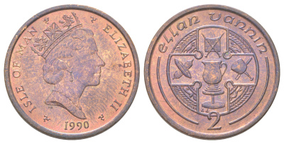Остров Мэн 2 пенса 1990 KM 208 бронза UNC 4624-335