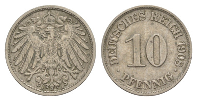 Германия 10 пфеннигов 1908 A, Вильгельм II (1888-1918) KM 12, J. 13 медно-никель 4644-1166
