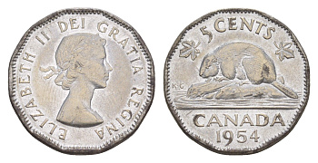 Канада 5 центов 1954 Елизавета II (1952-2022), бобр KM 50 хромированная сталь 4636-558