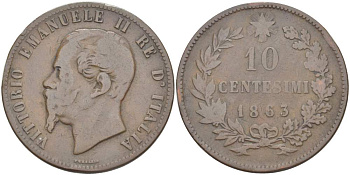 ИТАЛИЯ 10 ЧЕНТЕЗИМО 1863 МОНДВОР ПАРИЖ, ВИКТОР ЭММАНУИЛ II (1861-1878) KM 11.2 медь 4526-722