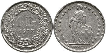 ШВЕЙЦАРИЯ 1 ФРАНК 1973 KM 24а.1 медно-никель 4539-344
