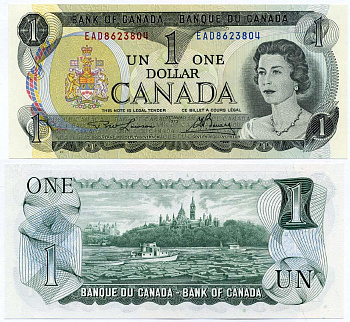 Канада 1 доллар 1973 Елизавета II (1952- ), здание парламента на реке Оттава, Lawson-Bouey, серии 3 буквы, литография Pick 85 b бумага UNC (пресс) 7486-21-1-2