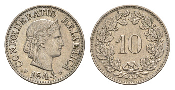 Швейцария 10 раппенов 1944 B KM 27 медно-никель 4627-1242