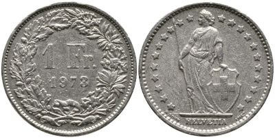 ШВЕЙЦАРИЯ 1 ФРАНК 1973 KM 24а.1 медно-никель 4539-344
