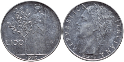 ИТАЛИЯ 100 ЛИР 1975 R, АФИНА KM 96.1 нержавеющая сталь 4394-615