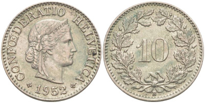 ШВЕЙЦАРИЯ 10 РАППЕНОВ 1952 В KM 27 медно-никель 55-235