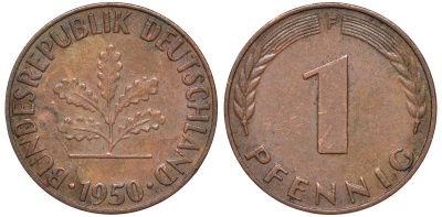 ФРГ 1 пфенниг 1950 D KM 105, J.380 сталь плакированная медью 4174-441