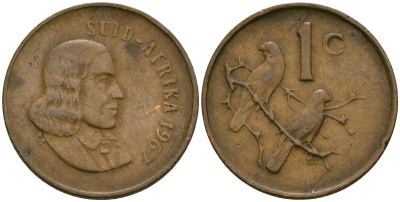 ЮАР 1 цент 1967 Ян ван Рибек (1619-1677), Suid Africa, легенда на африкаанс, капские воробьи KM 65.2 бронза 4136-454
