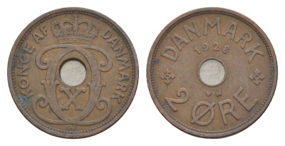 Дания 2 эре 1928 N, Кристиан X (1912-1947) KM 827 бронза 4639-734
