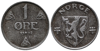 НОРВЕГИЯ 1 ЭРЕ 1942 ХОКОН VII (1905-1957) KM 387 железо 66-137