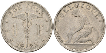 Бельгия 1 франк 1922 BELGIQUE KM 90 никель 4143-557