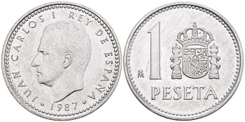 ИСПАНИЯ 1 ПЕСЕТА 1987 ХУАН КАРЛОС I (1975-) KM 821 алюминий 213-144