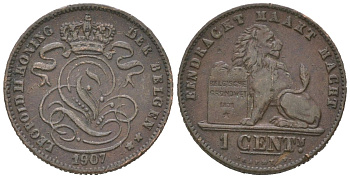 Бельгия 1 сантим 1907 DER BELGEN, Леопольд II (1865-1909) KM 34 медь 4617-522