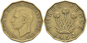 Великобритания 3 пенса 1952 Георг VI (1936-1952), второй выпуск KM 873, Spink 4113 никель латунь 175-617