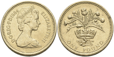 Англия 1 фунт 1984 ШОТЛАНДСКИЙ ДИЗАЙН KM 934, Spink 4222 никель латунь 88-433