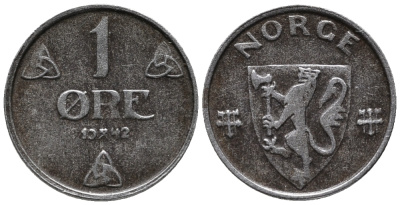 НОРВЕГИЯ 1 ЭРЕ 1942 ХОКОН VII (1905-1957) KM 387 железо 66-137