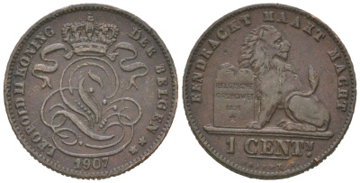 Бельгия 1 сантим 1907 DER BELGEN, Леопольд II (1865-1909) KM 34 медь 4617-522
