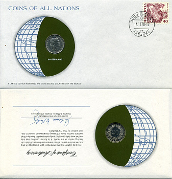 Швейцария 20 раппенов 1976 конверт с маркой первого дня гашения, Coins of Nations KM 29а медно-никель UNC 4294-40-3