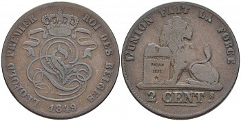 БЕЛЬГИЯ 2 САНТИМА 1849 BELGES KM 4.2 медь 4448-612