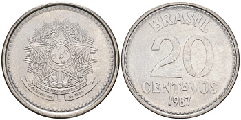 Бразилия 20 сентаво 1987 герб KM 603, Schon 112 нержавеющая сталь 187-535