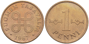 Финляндия 1 пенни 1967 KM 44 медь 100-152